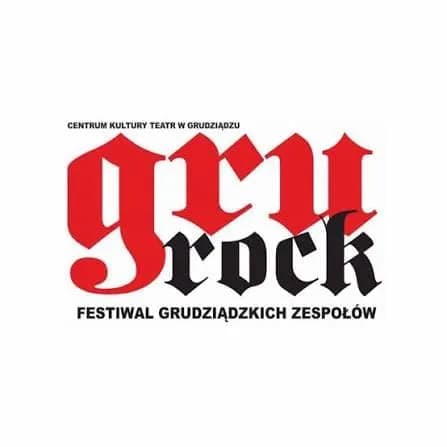 A logo for GruRock, a festival of Grudziadz bands, featuring red gothic lettering for 'Gru' and black gothic lettering for 'rock', with additional text in a simpler font above and below.